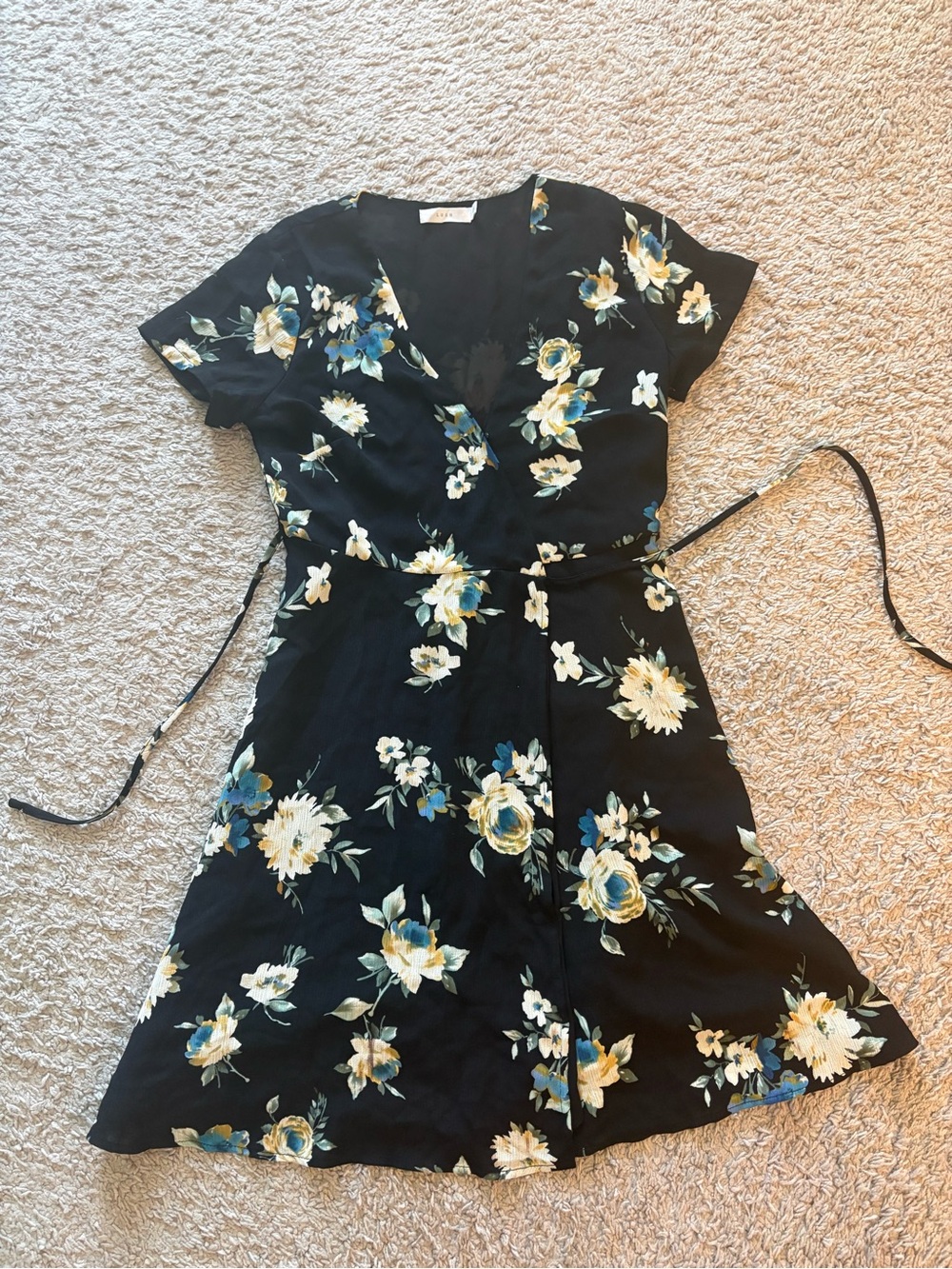 Lush Black Floral Midi Wrap Dress with Yellow & Blue Blooms